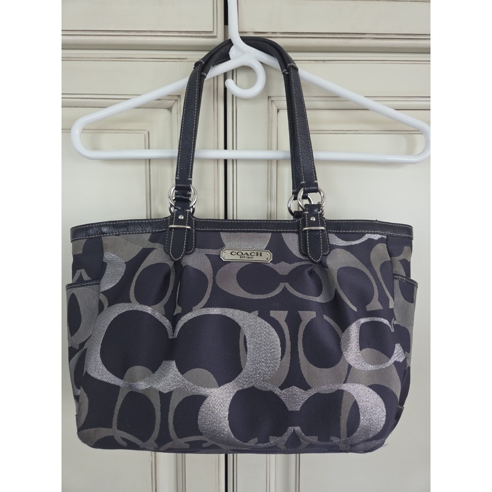 Coach F19664 Gallery Signature Blue Optic Jacquard Leather Shoulder Bag